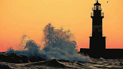 Sticker -   A lighthouse amidst waves, with a tree in the backdrop