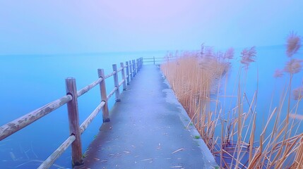 Sticker -   Foggy day on dock with reeds in foreground and water in background