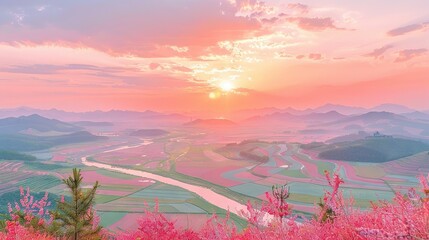 Sticker -   A stunning sunset graces a valley with pink flowers lining the foreground and a meandering river dividing the picturesque scenery