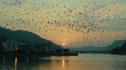 Poster -   A flock of birds flies over a body of water with a city skyline during sunset or dawn