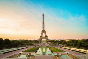 Wall Mural - paris eiffel tower and trocadero garden at sunset in paris, france. eiffel tower is one of the most 