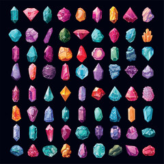 Wall Mural - Fantasy precious stones. Game cartoon gemstones, magic shiny gem crystal diamond cave mineral treasure jewel sapphire emerald ruby jewellery gui set vector illustration