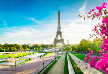 Wall Mural - eiffel tower famous landmark from trocadero at sunrise, paris, france, retro toned