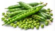 © DigitalArt Max - Freshly harvested vibrant green peas nestled in torn open pods scattered over a clean transparent background awaiting culinary creation.