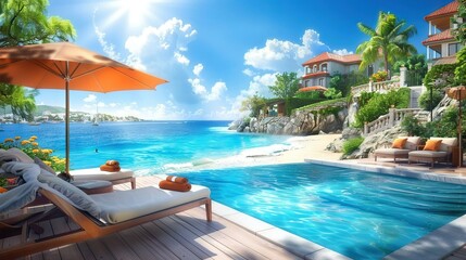 Wall Mural -   Large swimming pool, chaise lounges, umbrella on deck - overlooks beach and resort