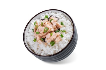 Wall Mural - Rice bowl with salmon flakes, nori and scallion on a white isolated background