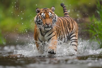 Wall Mural - Tiger Water. Amur Tiger Splashing in Green Forest Stream. Dangerous Wildcat Wildlife in Siberia