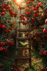 Wall Mural - Rustic ladder rests against a laden apple tree in a sunlit orchard showcasing the vibrant colors of early September harvest with ample background space for text 