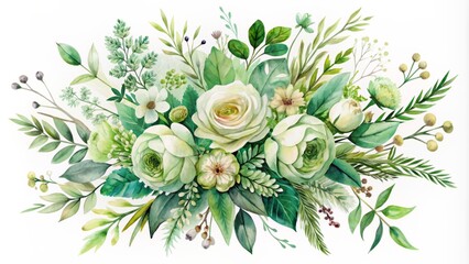 Poster - Elegant watercolor illustration of a refined green bouquet with intricate floral design elements on a clean white background awaits.