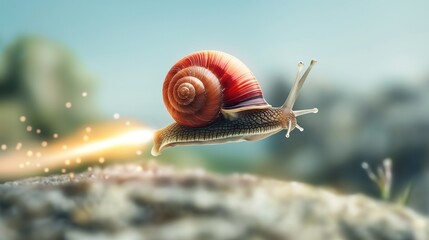 Turbo snail with jet speed depicted on blue background with bokeh