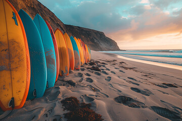 Poster - Surfboards lined up on a sandy beach