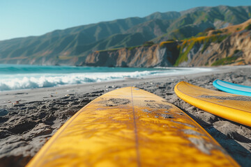 Wall Mural - Surfboards lined up on a sandy beach