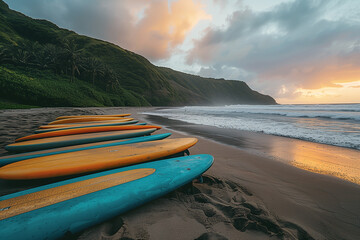 Poster - Surfboards lined up on a sandy beach