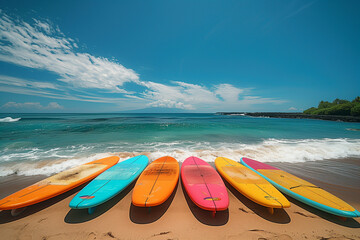 Poster - Surfboards lined up on a sandy beach