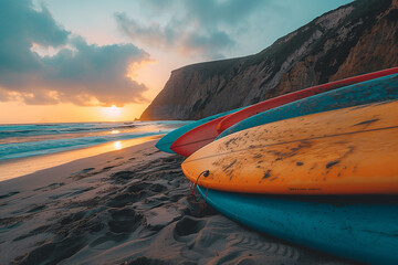 Sticker - Surfboards lined up on a sandy beach