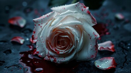 Beautiful and bloody white rose on the dark background. Bloody rose - conceptual photo. White rose with blood. A Bleeding rose 