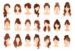 © ssstocker - Women hairstyles. Woman haircut girl hair coiffure brunette female face head model for hairdresser set cartoon flat vector illustration