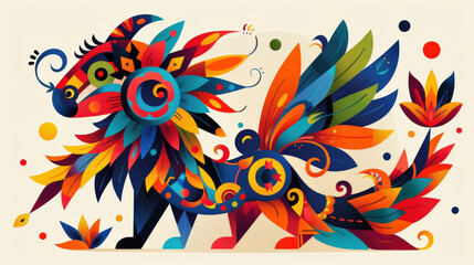 abstract designs of traditional spirit animals (alebrijes), using vibrant colors to capture their mythical and celebratory essence of the Day of the Dead