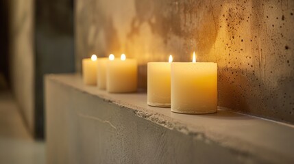 Lit candles in row on concrete shelf in hotel spa