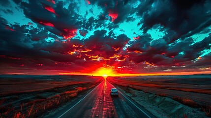 Canvas Print -   A truck drives down a road at dusk with sunset in the center and clouds above