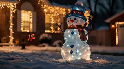 Cheerful snowman decoration in snowy yard