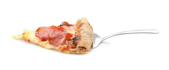 Wall Mural - Piece of tasty pepperoni pizza isolated on white