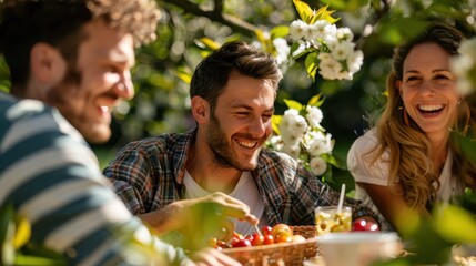 A group of friends having a picnic under blooming trees, enjoying fresh fruits and laughing together. They are surrounded by vibrant greenery, creating a joyful outdoors ambiance.