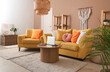 © Pixel-Shot - Interior of living room with yellow sofa, armchair and laptop on wooden table