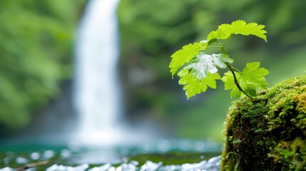 A close-up of a single green leaf with morning dew droplets, set against the backdrop of a large and powerful waterfall deep in a lush, green forest, symbolizing freshness and vitality.