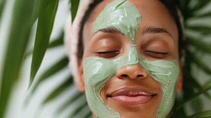 A woman with a green facial mask, eyes closed, and relaxing in a serene setting surrounded by tropical plants, representing tranquility and skin care.