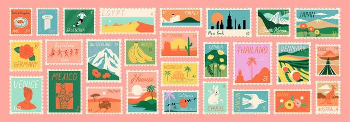 set of vintage world travel post card stamp illustration. retro style international country landscap