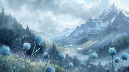 Poster -   A stunning mountain painting featuring vibrant blue flowers in the foreground and a snow-topped peak in the background