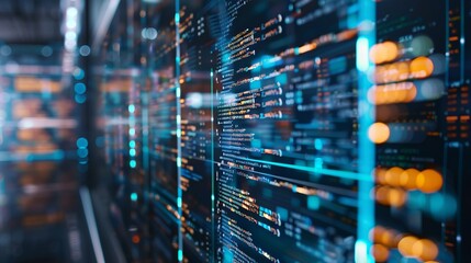 Business computer system is receiving updates online. Software upgrade is in progress.
