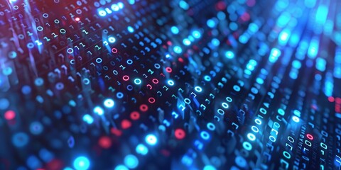 A digital matrix with streaming lights and binary codes portrays data flow and technology advancements