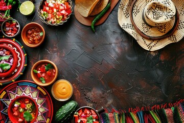 Canvas Print - Table with variety of Mexican food and hat on it