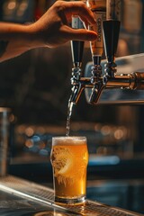 Wall Mural - Man is pouring beer into glass from tap