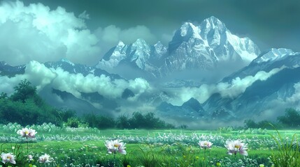 Poster -   A painting featuring a mountain range, white flowers in the foreground, green grass in the background, and white flowers in the foreground