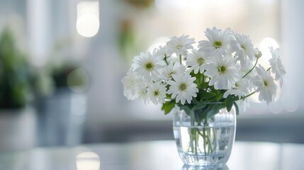 Wall Mural - selective focus on white flower in small glass pot on white table with text space