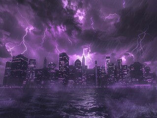 Wall Mural - City skyline is shown with purple sky and rain