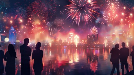 Wall Mural - Group of people are watching fireworks over body of water