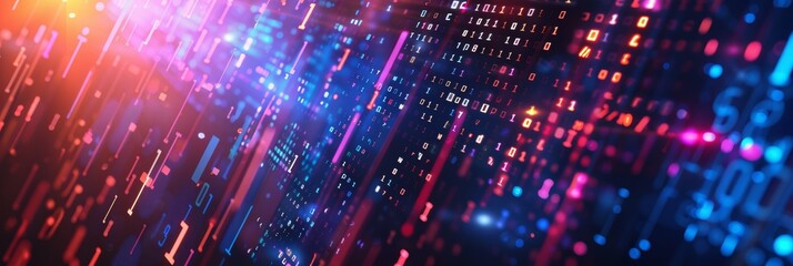 A digital matrix with streaming lights and binary codes portrays data flow and technology advancements