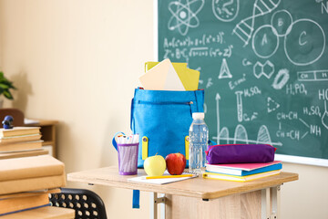 Poster - Apples with school stationery, water bottle and backpack on desk in classroom