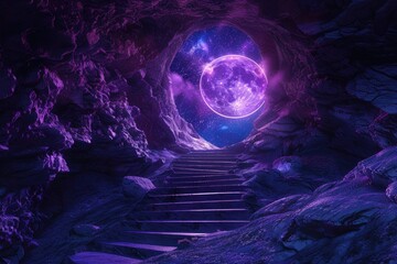 Poster - Purple cave with glowing moon in center