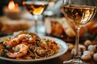© mattegg - Closeup of Shrimp, Clam, and Pasta Dinner With Wine Glass