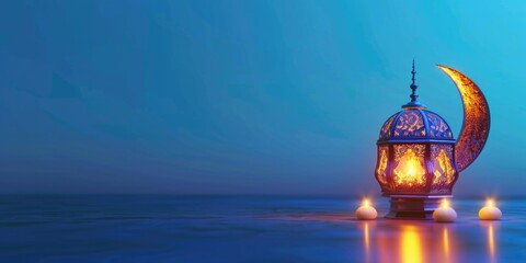 Canvas Print - blue sky with lit lantern on beach