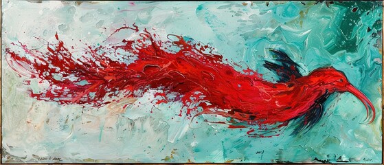 Canvas Print -   Red-feathered bird painting over blue water background