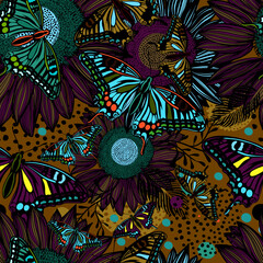 Beautiful brown and blue graphic floral seamless abstraction with butterflies and flowers. Not AI. Vector illustration