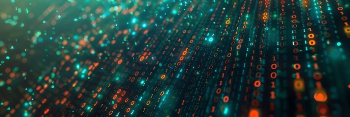 A digital matrix with streaming lights and binary codes portrays data flow and technology advancements
