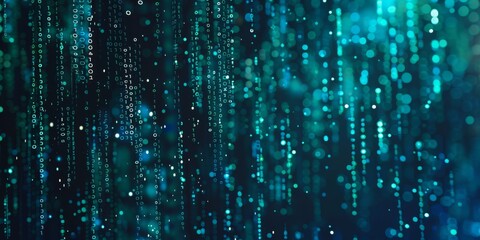 A digital matrix with streaming lights and binary codes portrays data flow and technology advancements
