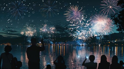 Canvas Print - Group of people are watching fireworks over body of water